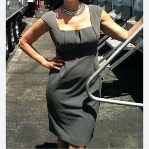 CALVIN KLEIN. Grey Sleeveless Pencil Dress. Square Neckline. Box Pleat B…